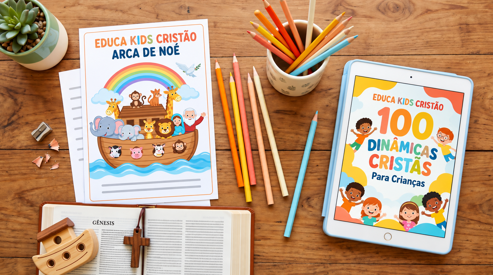 Materiais do Educa Kids Cristão: atividade Arca de Noé e tablet com 100 dinâmicas cristãs